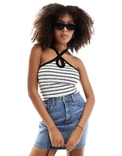 New Look Halter Neck Vest In Black Stripe For Women