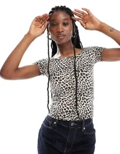 New Look Bardot Top In Leopard Print For Women Black