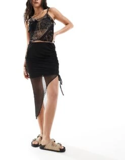 New Look Ruched Mesh Skirt In Black For Women