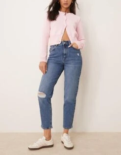 New Look Ripped Mom Jean In Dark Blue Wash For Women Mid Blue