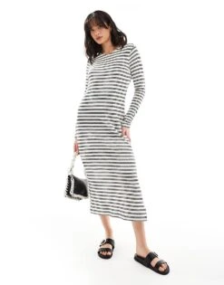 New Look Long Sleeve Crochet Maxi Dress In Stripe For Women White
