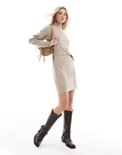 New Look Belted Knitted Mini Dress In Mink For Women Beige