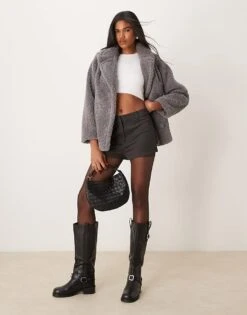 New Look Short Borg Coat In Grey For Women