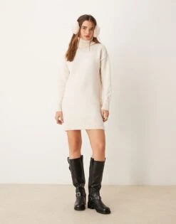 New Look Roll Neck Knitted Mini Dress In Cream For Women