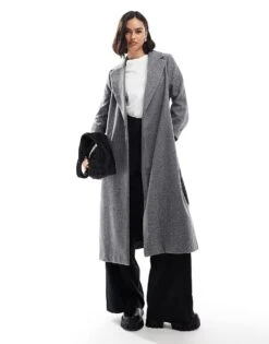 New Look Formal Belted Coat In Herringbone Grey For Women