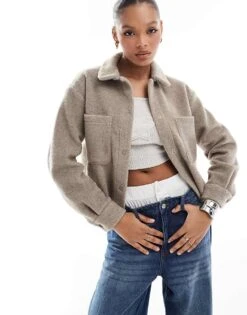 New Look Cropped Knitted Shacket In Mink For Women Beige