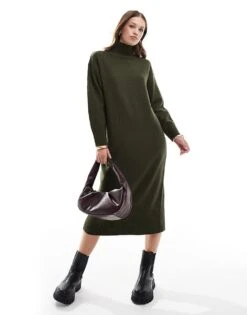 New Look Knitted Stand Neck Midi Dress In Khaki For Women