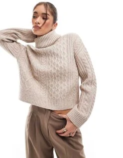 New Look Cable Roll Neck Jumper In Cream For Women