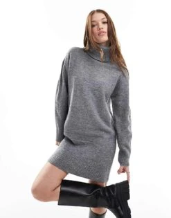 New Look Roll Neck Knitted Mini Dress In Grey For Women