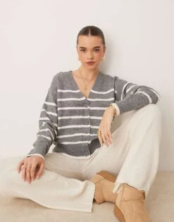 New Look Button Down Cardigan In Grey Stripe For Women