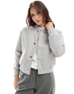 New Look Knitted Cropped Bomber Jacket In Grey For Women