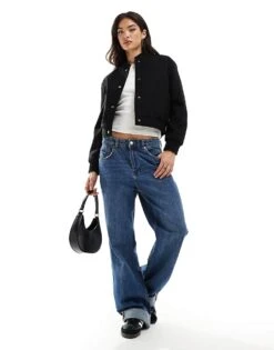 New Look Knitted Cropped Bomber Jacket In Black For Women