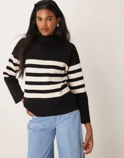 New Look Stand Neck Stripe Jumper In Black For Women