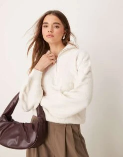 New Look Cable Half Zip Jumper In Cream For Women