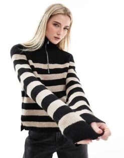 New Look Half Zip Stripe Jumper In Black For Women