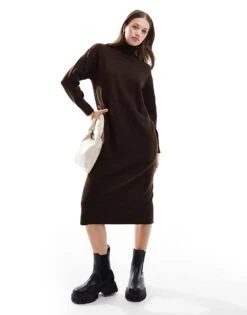 New Look Knitted Stand Neck Midi Dress In Brown For Women