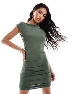 New Look Crew Neck Ruched Mini Dress In Khaki For Women Green