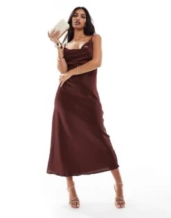 New Look Cowl Neck Satin Midi Dress In Brown For Women