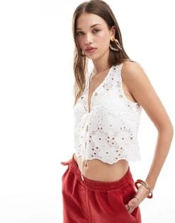 New Look Broderie Tie Front Waistcoat In White For Women
