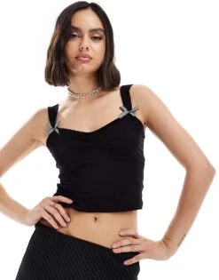 New Look Bow Detail Vest Top In Black For Women