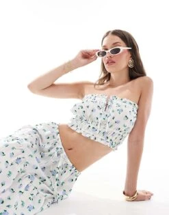 New Look Ditsy Rose Bandeau Top In White For Women White Pattern