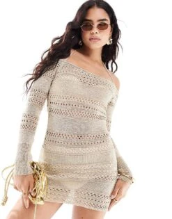 New Look Long Sleeve Crochet Mini Dress In Gold For Women