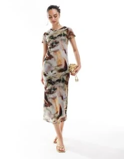 New Look Mesh Short Sleeve Midi Dress In Brown Pattern For Women