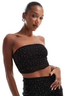 New Look Hotfix Mesh Bandeau Top In Black For Women