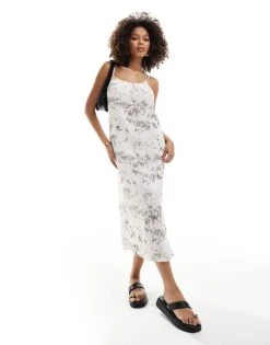 New Look Plisse Strappy Midi Dress In White Print For Women