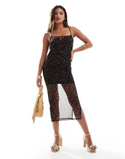 New Look Pattern Mesh Strappy Midi Dress In Black For Women