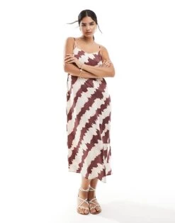 New Look Satin Midi Slip Dress In Brown Stripe For Women