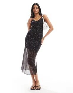 New Look Mesh Strappy Midi Dress In Spot For Women Black
