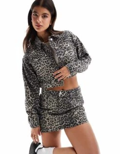 New Look Denim Jacket Co-ord In Leopard Print For Women Brown