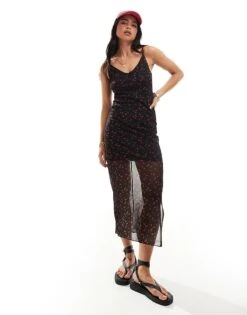 New Look Mesh Strappy Midi Dress In Cherry For Women Black