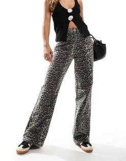 New Look Wide Leg Jeans In Leopard Print For Women Brown