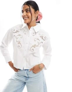 New Look Western Cutout Cropped Shirt In White For Women