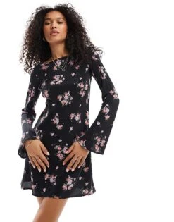 New Look Long Sleeve Mini Dress In Ditsy Print For Women Black