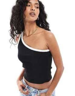 New Look Contrast One Shoulder Top In Black For Women