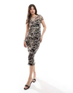 New Look Mesh Cap Sleeve Midi Dress In Animal Print For Women Black