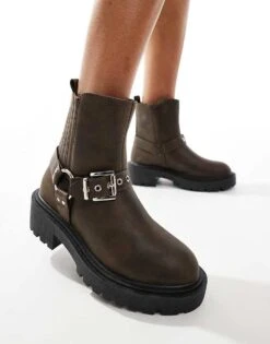 New Look Buckle Biker Chelsea Boot In Brown For Women