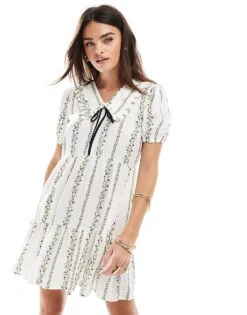New Look Floral Stripe Tie Front Mini Smock Dress In White For Women Cream
