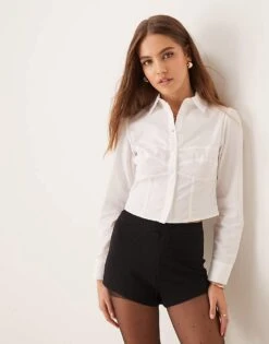 New Look Cropped Corset Poplin Shirt In White For Women