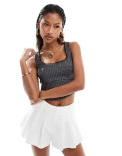 New Look Lace Trim Crop Top In Grey Stripe For Women