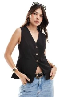 New Look Longline Button Down Waistcoat In Black For Women