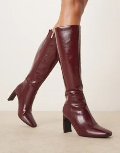 New Look Heeled Knee Boot In Burgundy For Women