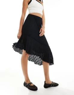 New Look Asymmetric Midi Lace Skirt In Black For Women