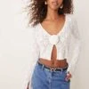New Look Lace Corsage Cropped Flare Sleeve Top In Off White For Women Cream
