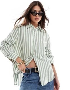 New Look Striped Shirt In Green For Women Mid Green