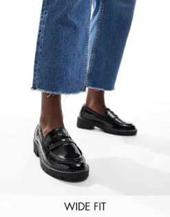 New Look Wide Fit Chunky Loafer With Stitching In Black For Women