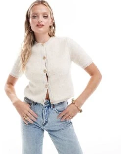 New Look Boucle Short Sleeve Button Down Cardigan In Cream For Women